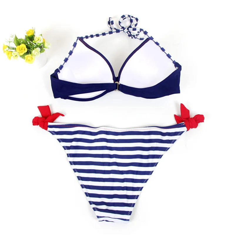 Bikini 2019 Sexy Swimwear Women Solid Bordered Low Cut Triangle Halter Back Adjustable Strap Top With Tie Side Bikini Bathing Suit Swimwear8