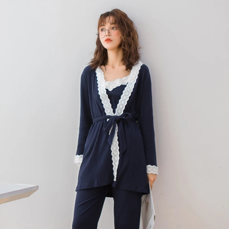 2019 Spring Nursing Pajamas Korean Cotton Sexy 3Pcs/Set Maternity Sleepwear Postpartum Breastfeeding Pregnancy Nightwear A315