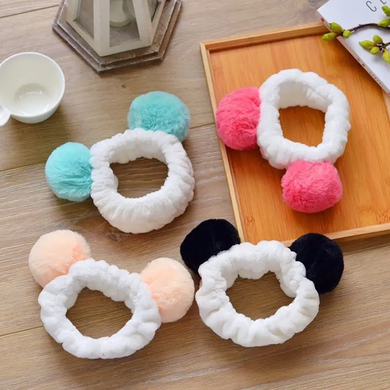 

Hot Sale Korean Sweet Pompom Balls Makeup Headband Bandage On Head Hair Accessories For Women Hairbands Washing Bath Headwear