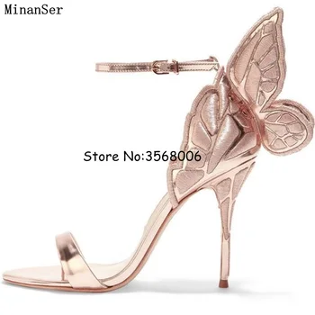 

Multicolor Butterfly metallic embroidered leather sandals angel wings party dress sandals open toe ankle wrap high heels shoes