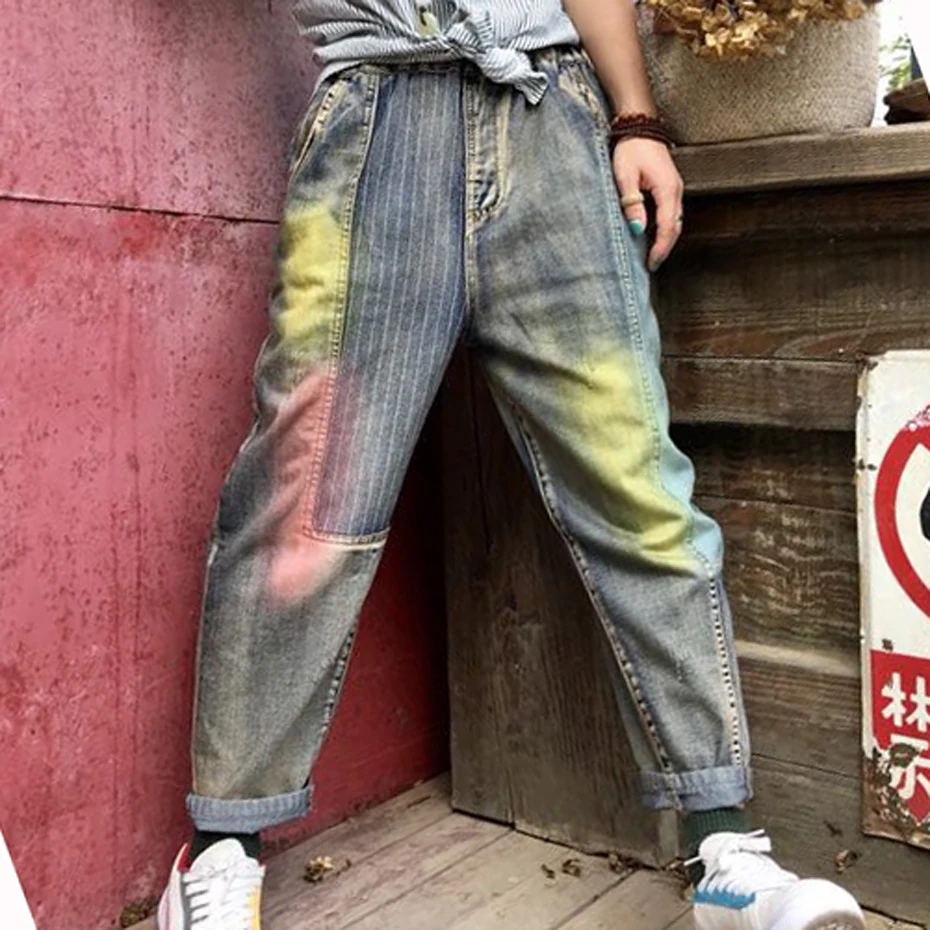 

Women Harem Jeans Denim Pants Trousers for Ladies Tie Dye Big Long Loose Plus Size Striped Casual Fashion American Style 180453