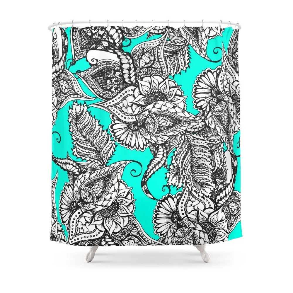 Boho Black White Hand Drawn Floral Doodles Pattern Turquoise Shower