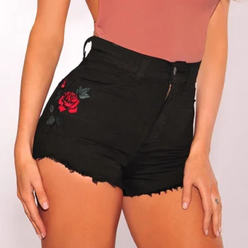 

Sexy Women Summer High Waist Denim Jeans Shorts Flower Rose Embroidery Casual Short Pants BMF88