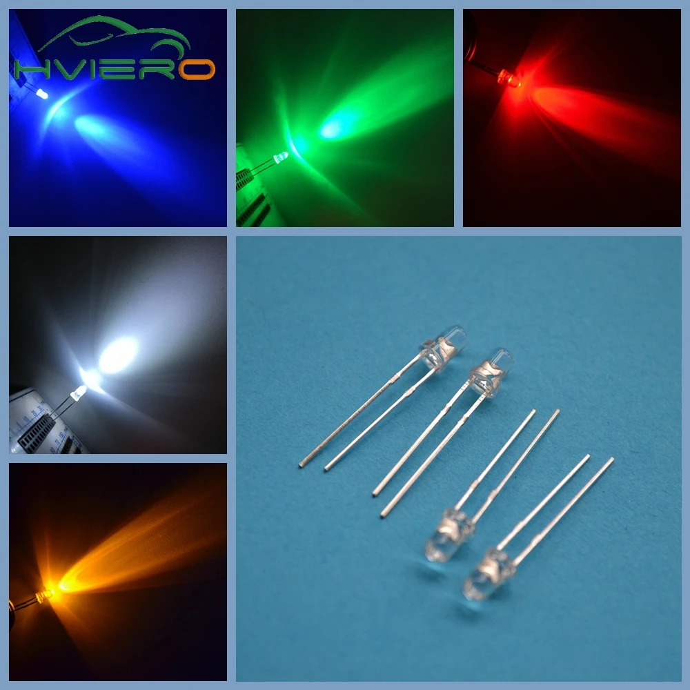 

3mm 2pins Round 5Values X 200Pcs= 1000pcs Withe Blue Green Yellow Red Ultra Bright LED Light-emitting diode kit Free Shipping