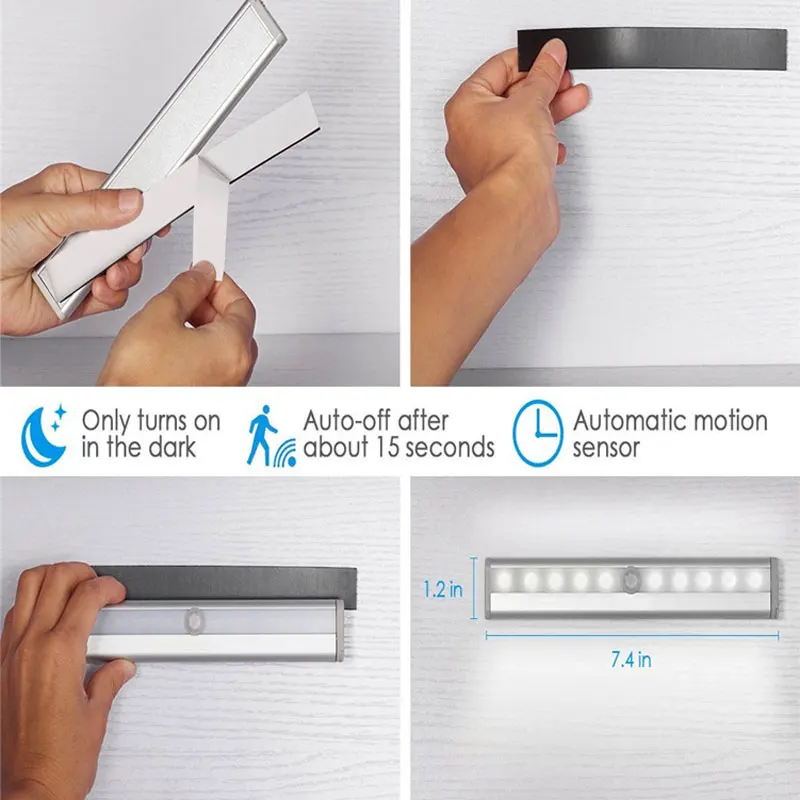 10 Светодиодный светильник для шкафа, беспроводной шкаф, Ночной/лестничный бар с магнитной полосой, настенный светильник для шкафа, освещение