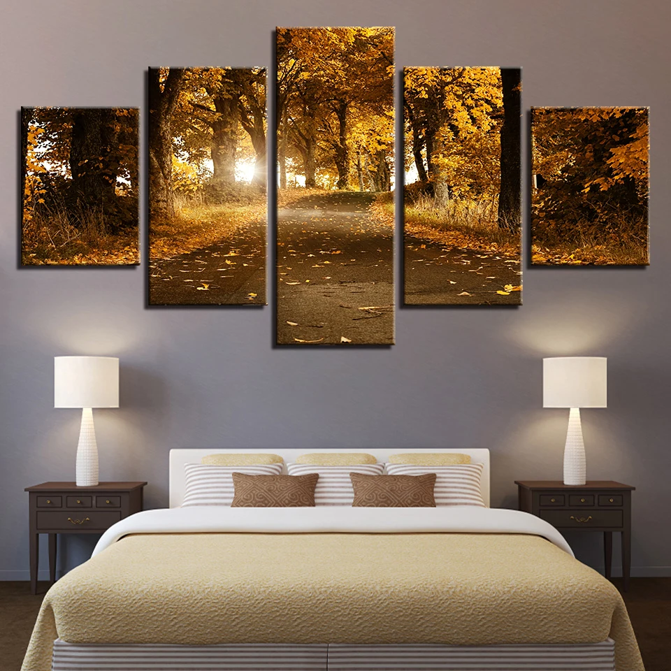 Canvas-Paintings-Home-Decor-HD-Prints-Trees-Pictures-5-Pieces-Autumn-Forest-Fallen-Leaves-Landscape-Poster
