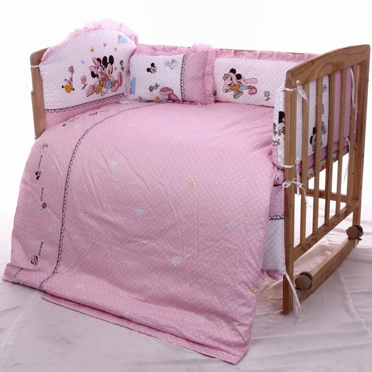 Promotion! 7pcs Mickey Mouse Baby crib bedding set 100% cotton crib bumper  (bumper+duvet+matress+pillow)