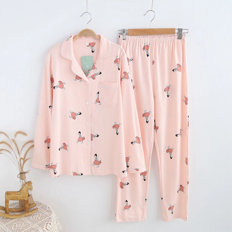 women spring striped cotton pajamas sets (5)