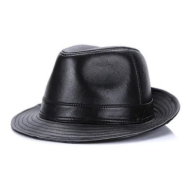 Зимние шапки Stetson Fedoras из натуральной кожи с широкими полями в британском стиле для мужчин/женщин, черные шляпы Gentman 56-58 см, джазовые хип-хоп шапки Gorras - Цвет: Bright Black