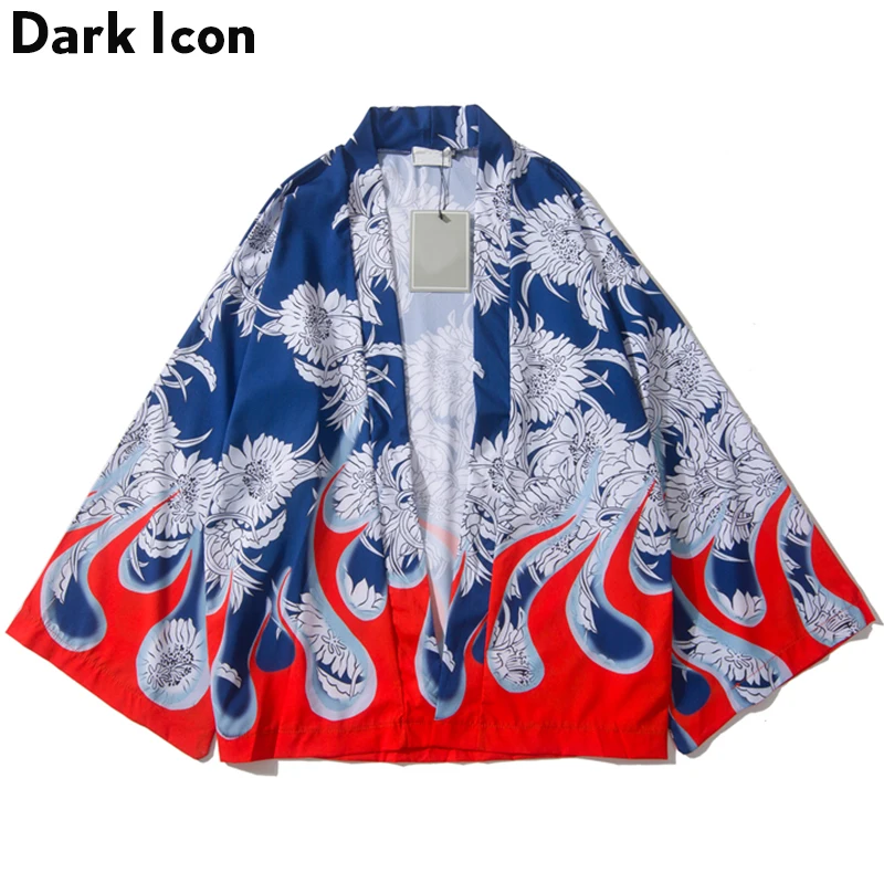 

Dark Icon Flame Printed Three Quarter Sleeve Men's Shirt Harajuku Kimono 2019 Summer Street Shirts