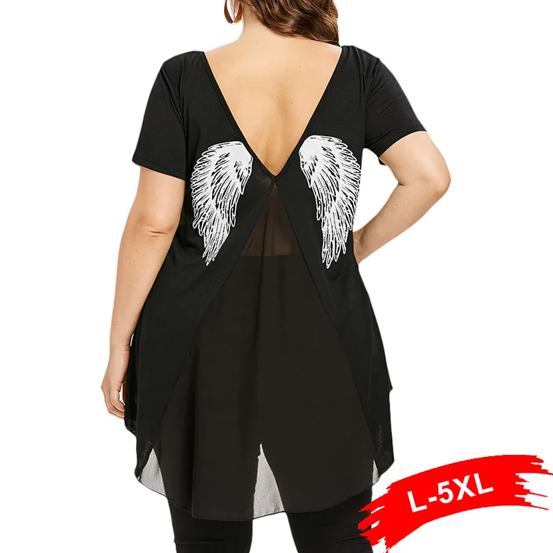 

Plus Size Lace Up V Neck Chiffon Patchworked Tees 4XL 5XL Summer Short Sleeve Ladies Fashion Casual Tops Large Size T-Shirt