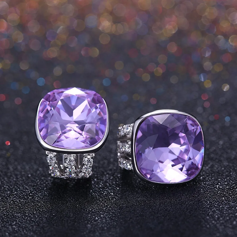 

5 Colors 100% 925 Sterling Silver Square Cubic Zirconia Stone with Austria Crystal Clip Earrings Women clip d oreilles