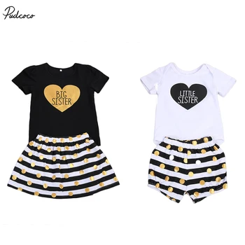 

Family Clothing Kids Baby Girls Heart Little Sister Romper Pants Big Sister Short Sleeve T-shirt Polka Dot Dress Outfits Set