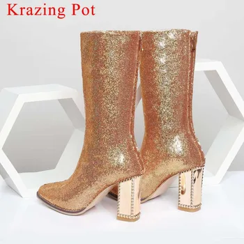 

Krazing Pot hollywood movie stars pointed toe sequined studded high heels slip on streetwear zipper stretch mid-calf boots L03