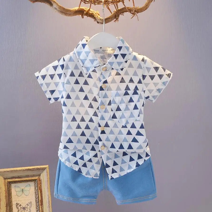 

Toddler Baby Boys Short Sleeve Geometry Print T Shirts+Denim Shorts Set Outfit Toddler Clothes Costume Nice Children's Outfits
