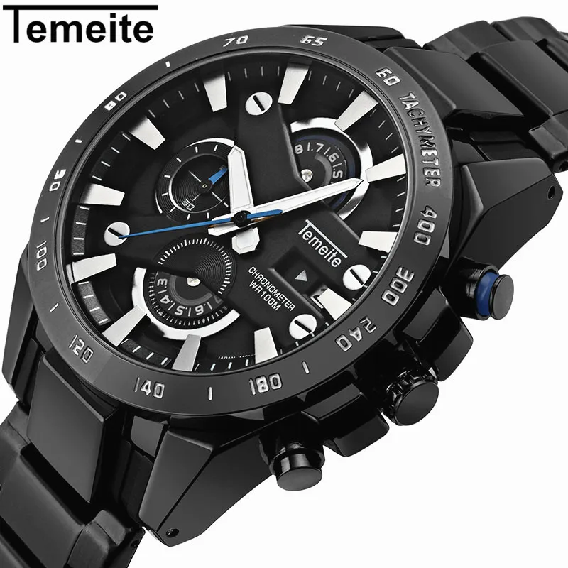 

TEMEITE Fashion Sports Big Watch Men Quartz Clock Date Display Black Dial Top Brand Luxury Stainless Steel Strap Wrist Watches