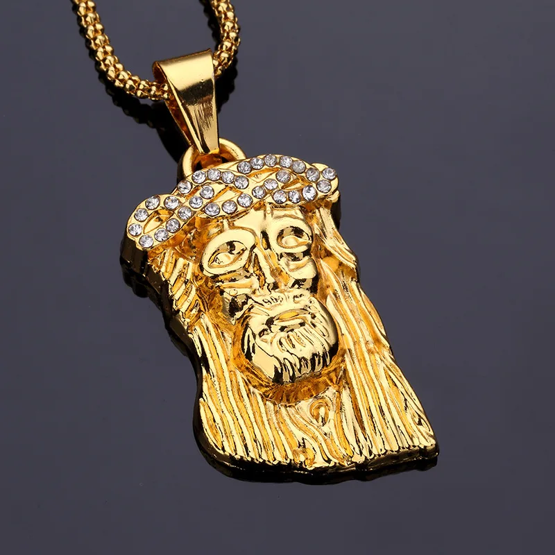 Mens Golden God Bless Jesus Rhinestone Necklaces Golden