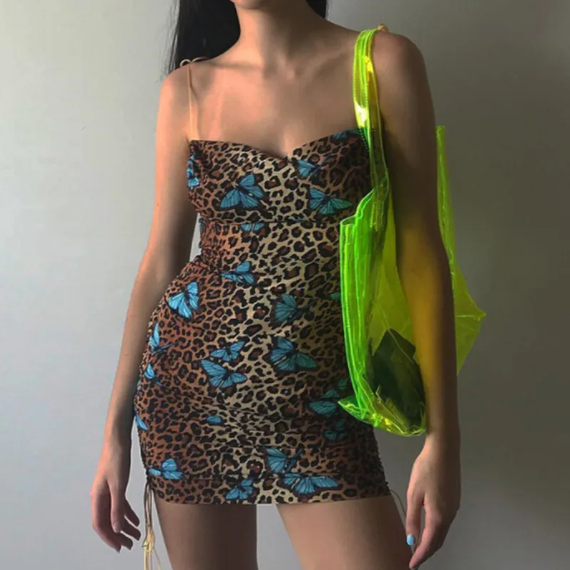 

2019 Hot Leopard Print Mini Dress Women Summer Strappy Backless Short Bodycon Sleeveless Mini Dress Clubwear Sexy High Waist