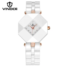 VINOCE Top Marque De Luxe Quartz-Montre Femmes Dames Pleines de Céramique Montres Élégant Cristal Diamant En Cuir Bande Montre Femme 633228