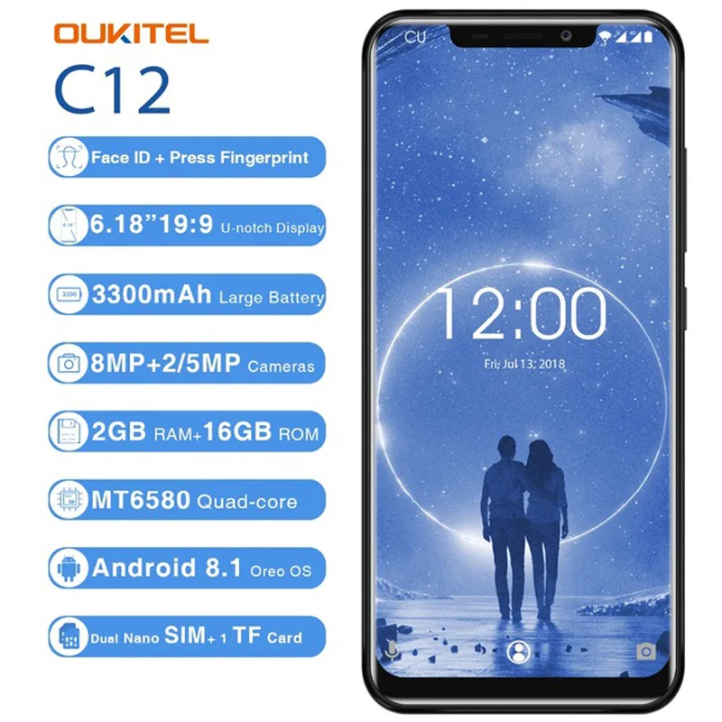 

OUKITEL C12 Face ID 6.18" 19:9 Smartphone Fingerprint Android 8.1 Mobile Phone MTK6580 Quad Core 2G RAM 16G ROM 3300mAh Unlock