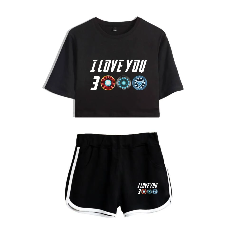 

2019 I Love You 3000 Two Piece Set Female Harajuku Summer T Shirts Crop Top Sexy Fitness Sporting Top 2 Pcs Avengers Endgame
