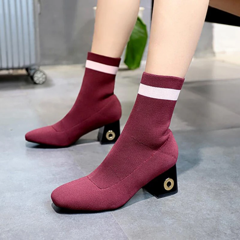 

Red striped knitting chelsea boots mature ladies thick high heels stretch sock mid-calf botas women autumn winter riding shoes
