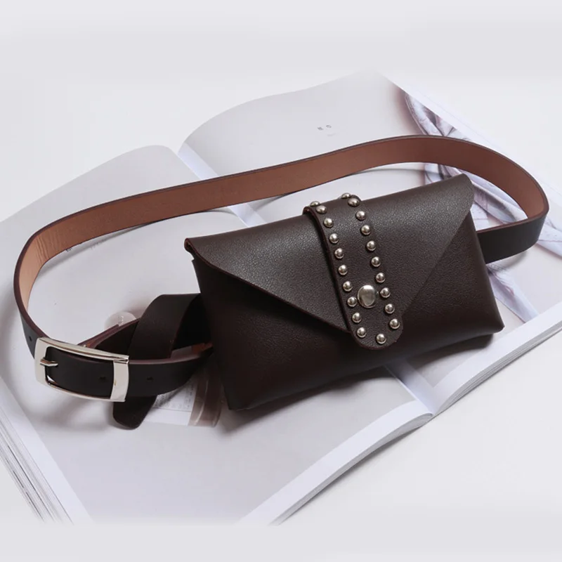 

2019 Women Fashion Casual Rivets Waist Bag Fanny Pack PU Leather Adjustable Belt Bag PU Pouch Purses Mini Waist Packs