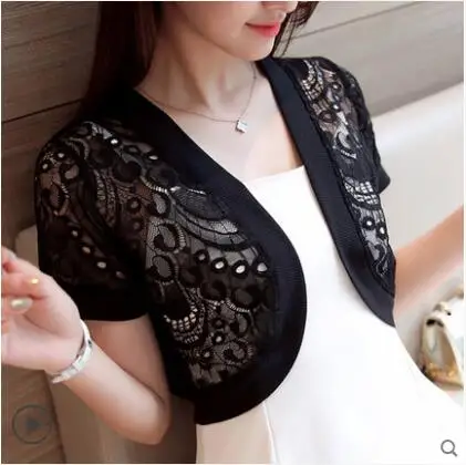 

Carol Diaries 2018 Summer Women's Short Sleeve Crochet Shrug Lace Hollow Out Black And White Cape Cardigan Shurg Thin Outwear