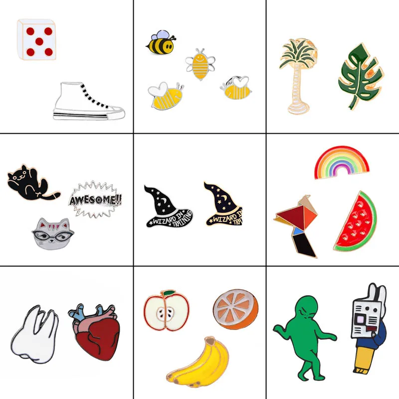 

2-4pc/set Kawaii enamel pins Brooches & pins Teeth Bees Rainbow Apple Cat Metal Lapel Badge Hat Jewelry Party women wholesale