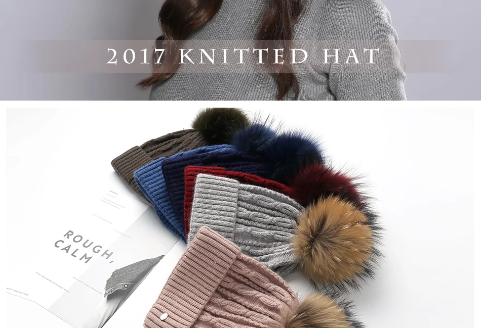 Woman Winter Hats Wool Skullies Beanie Raccoon Fur Pom Pom Stripe Knitted Hat Female Autumn Skullies Beanies  (2)