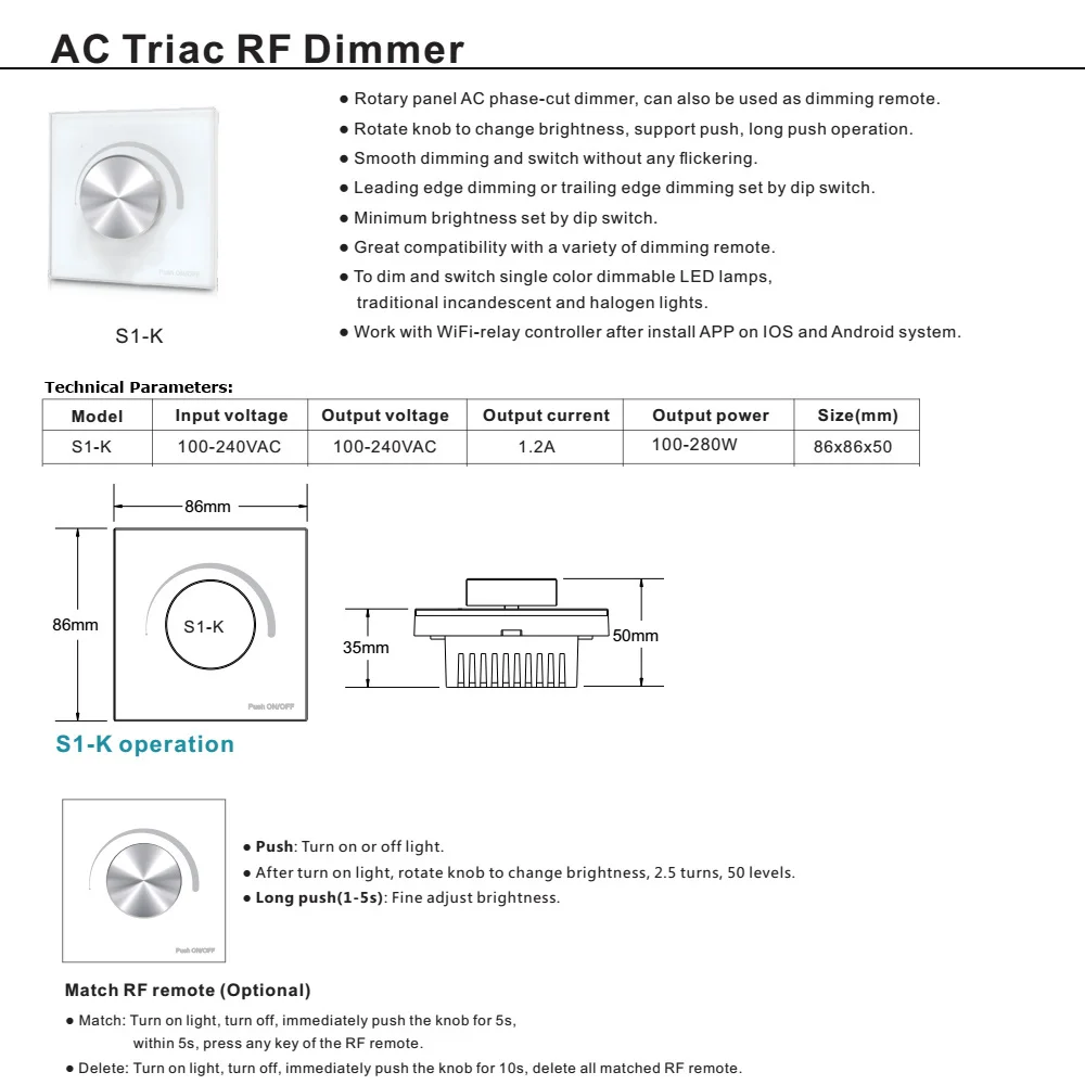 Triac светодиодный диммер 220V 230V 110V AC 2,4G беспроводной РЧ пульт дистанционного управления умный Wifi диммер для одного цвета Диммируемый светодиодный светильник