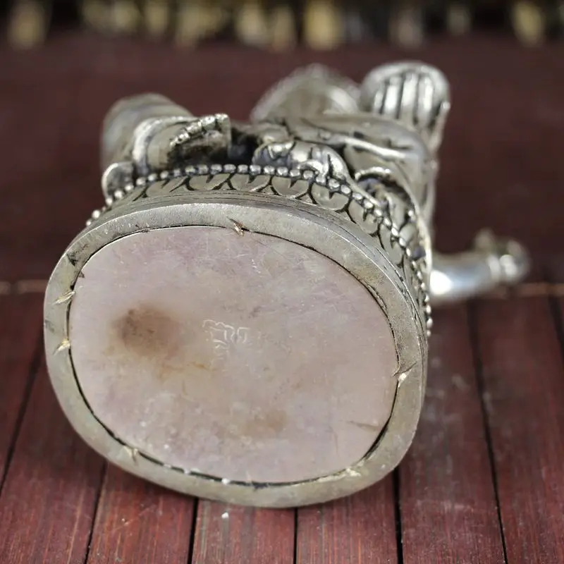 China old Feng Shui ornaments white Copper Silver plating Four hand elephant god