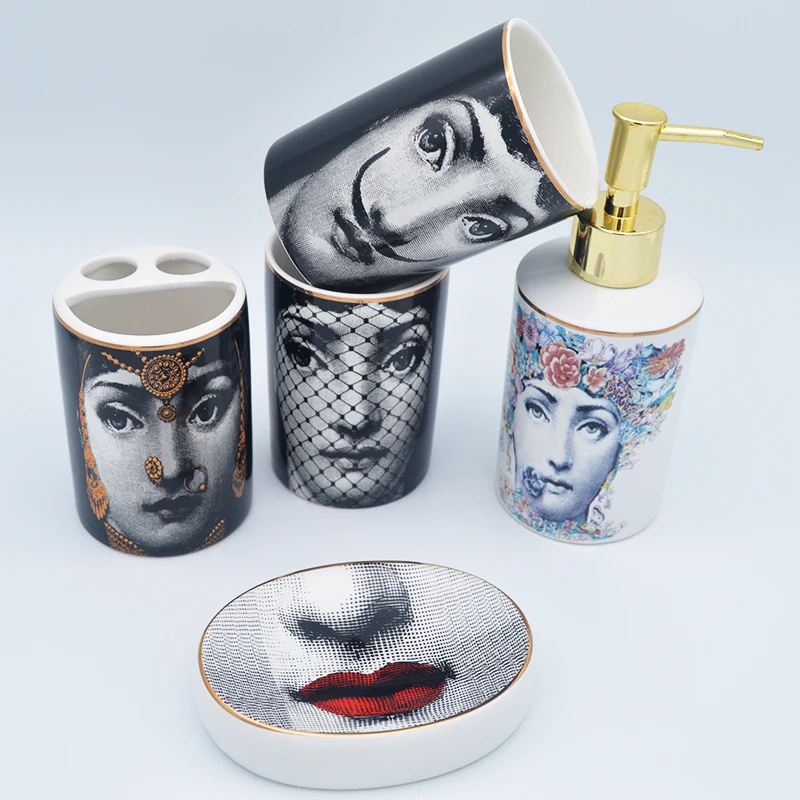 Милан Стиль Fornasetti зубная щетка тумблеры мыльница Ванна бутылка шампунь Благородный Золотой Край принадлежности для ванной Бар Отель использования - Цвет: one set F