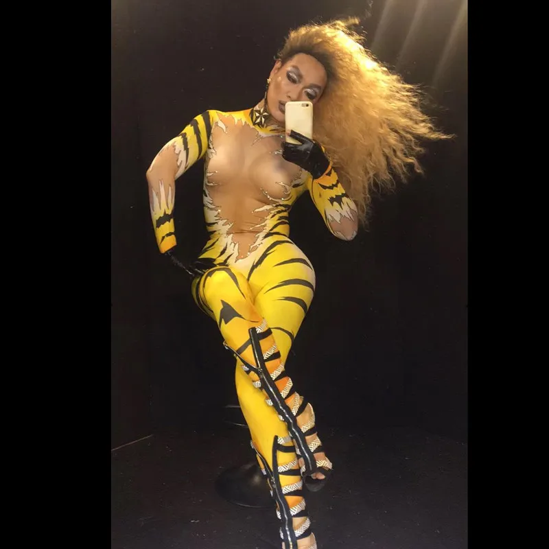 

Tiger Printed Sexy Jumpsuit Skinny Leotard Leggings Bodysuit Nigthclub Singer Dj Stage Wear Nude Color Party Rompers