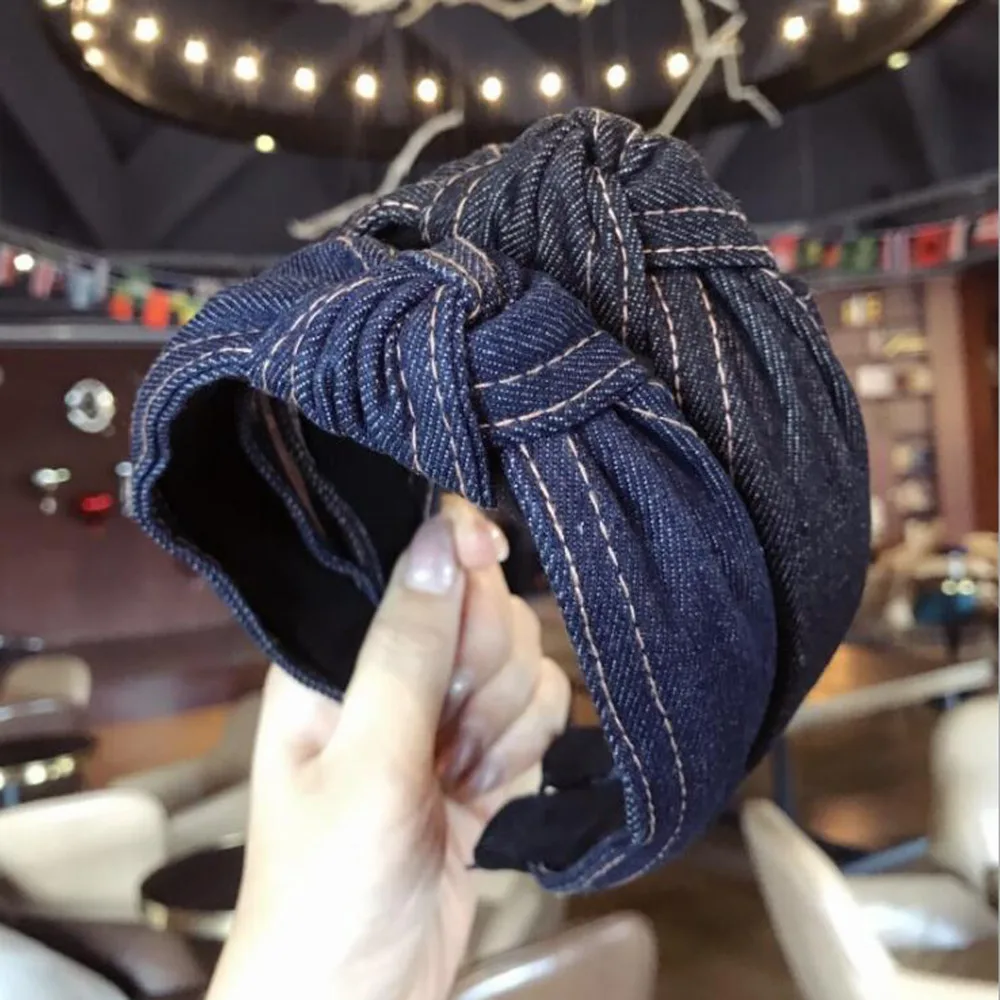 

2019 New Spring Hairband Solid Denim Hair Accessories Vintage Turban Hair Hoop Wide Side Headwear Wholesale