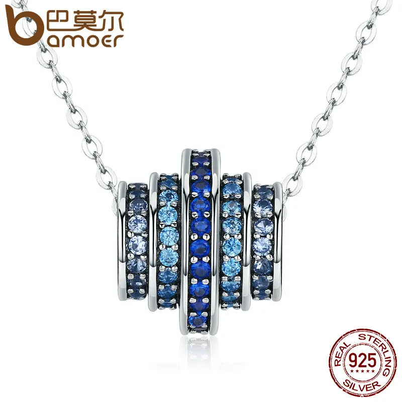 BAMOER Authentic 100 925 Sterling Silver Gradual Change Round Wheel Blue Melody Pendant Necklaces For Women