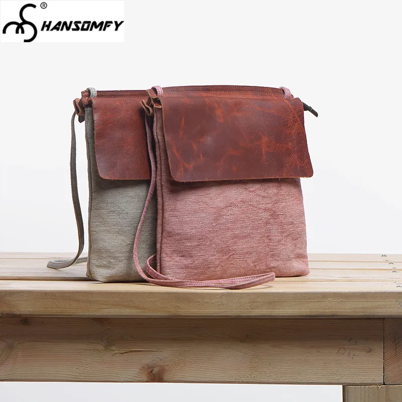 

New portable canvas with leather women's bags casual diagonal female messenger retro shoulder Stitching small square bag