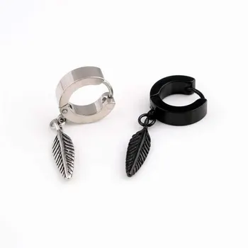 

Fashion Men Women Feather Hoop Earrings Color Gold Black Stainless Steel Feather Leaf Charm Small Huggie Earrings Jewelry