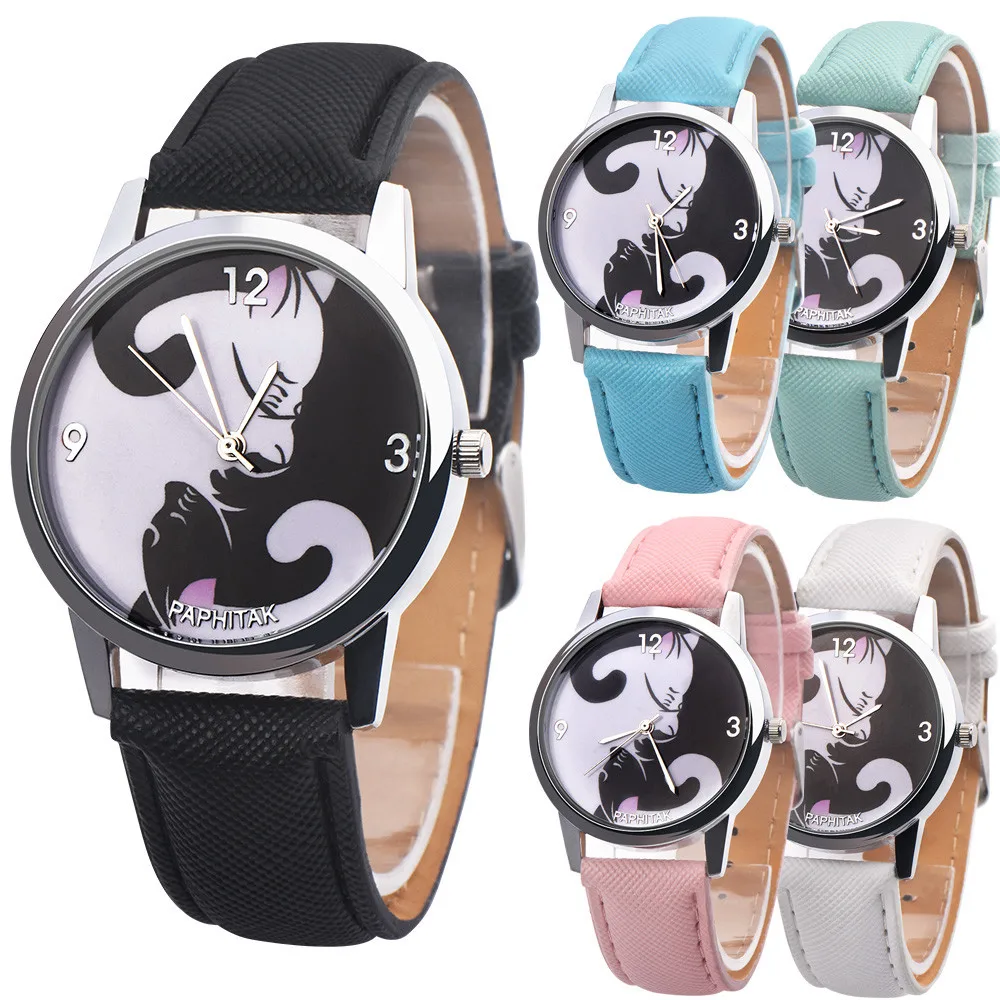 

Fashion Cute Women Girl Colorful Cat Leather Band Analog Alloy Quartz Watch female watches top brand luxury clock women