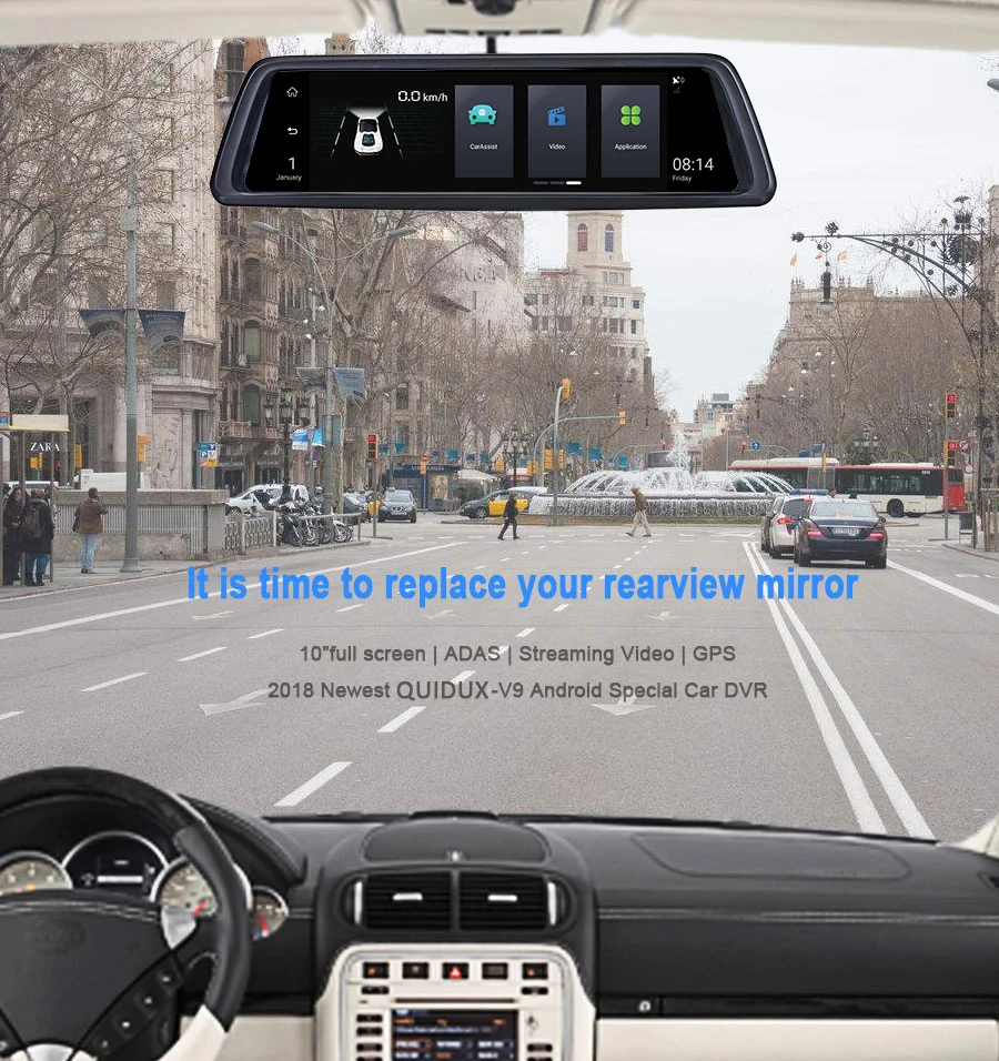 QUIDUX Android 1" Автомобильный видеорегистратор Сенсорное потоковое видео камера заднего вида зеркало gps Bluetooth wifi ADAS ram 1 г/rom 16 г видеорегистратор