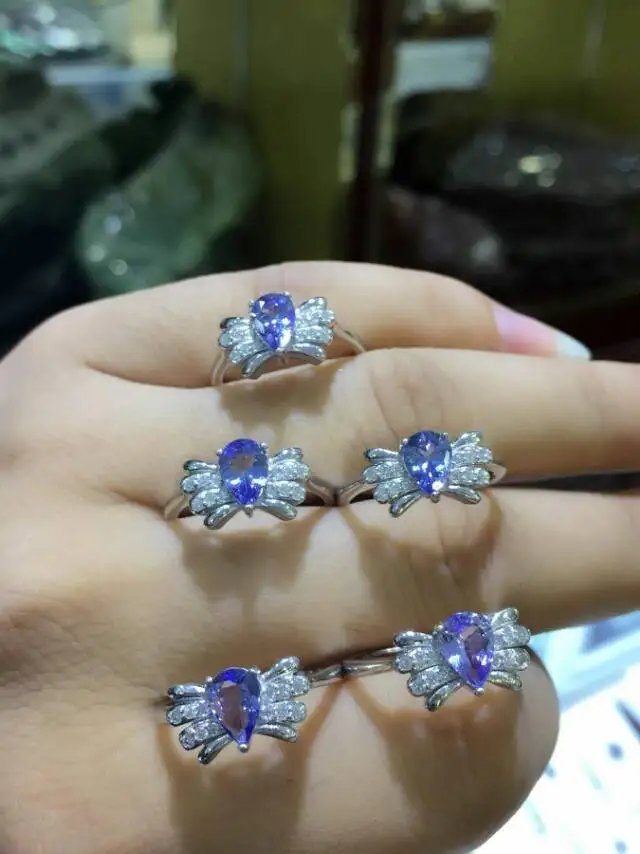 Natural blue tanzanite gem Ring Natural gemstone ring S925 sterling silver trendy Elegant Angel wings women girl gift Jewelry