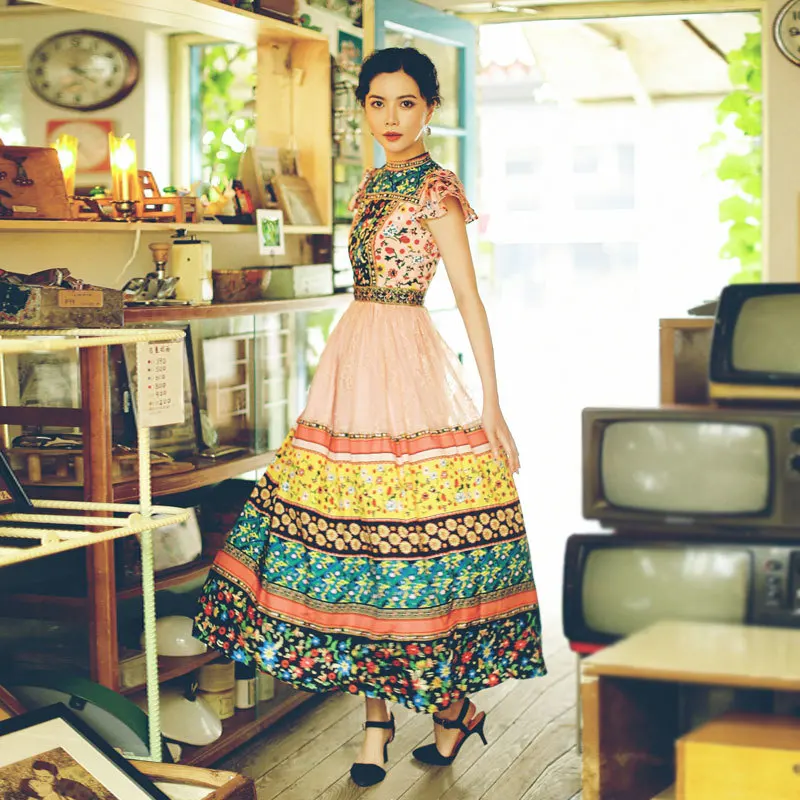 

2019 Newest Designer Runway Long Maxi Women Dress Summer Chiffon Patchwork Lace Printed Floral Short Sleeve Slim Dress vestidos