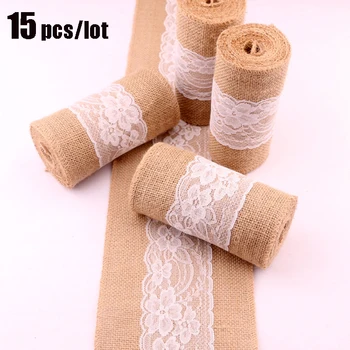 

15 Pcs Burlap Hessian With Lace Chair Sashes Bow Wedding Christmas Home Decoration Chair Bow