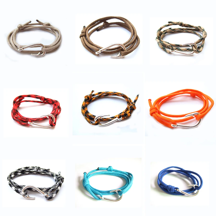 1pc Nautical Paracord Bracelet Silver Fish Hook Adjustable Rope