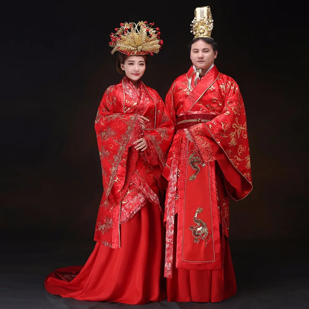 Chinese Style Wedding Groom Bride Red Hanfu Dress Costume Show Emperor