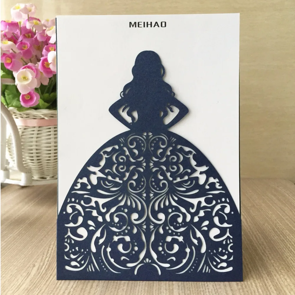 

12pcs Graceful Laser Cut Wedding Invitation Girl Bar/Bat Mitzvah 15th's Birthday Postcard Greeting Gift Cards Handmade Folded