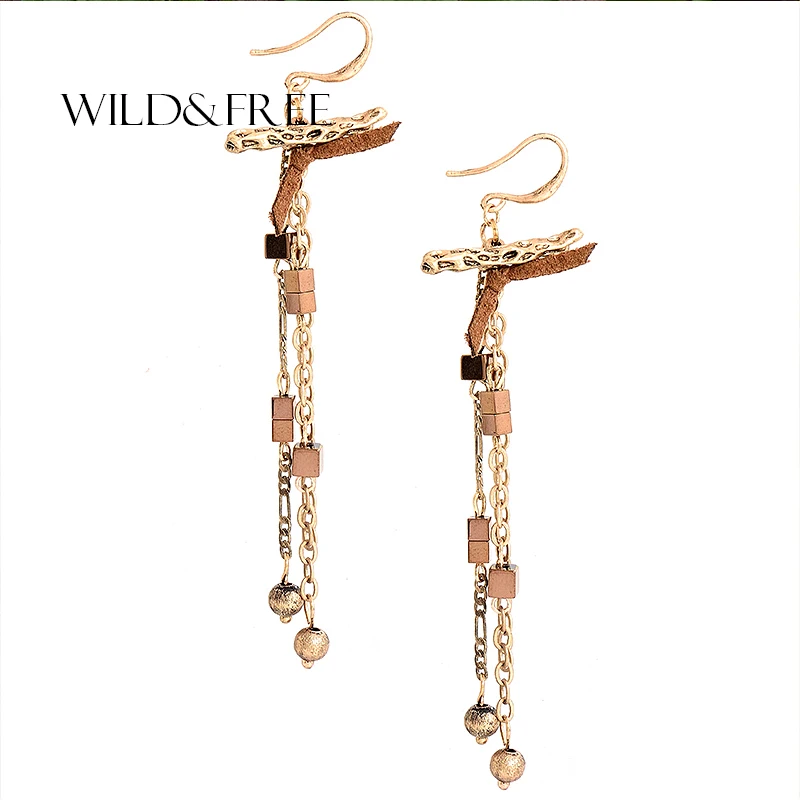 

WILD&FREE 2017 New Vintage Antique Gold Tassel Earrings Long Dangle Earring Retro Alloy Beads Drop Earrings Handmade Jewelry