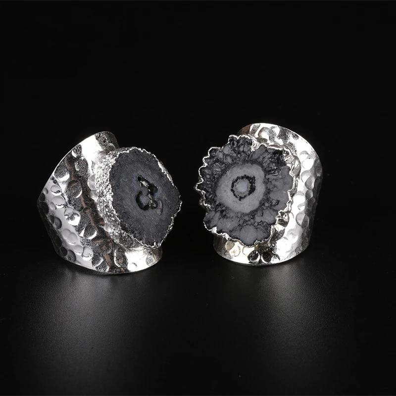 Большой Полированный Белый Серый геодный Кристалл срез камня бисера Шарм открытая серебряная металлическая обертка забитое кольцо с изменяющимся размером манжета для женщины мужчины