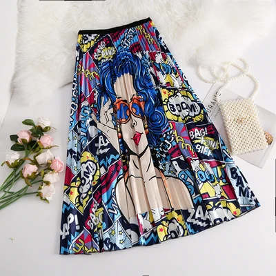 Летние женские юбки с радужным мультяшным принтом, высокая талия, эластичная высокая уличная плиссированная юбка миди, длинные женские юбки Rok - Цвет: 1095-004