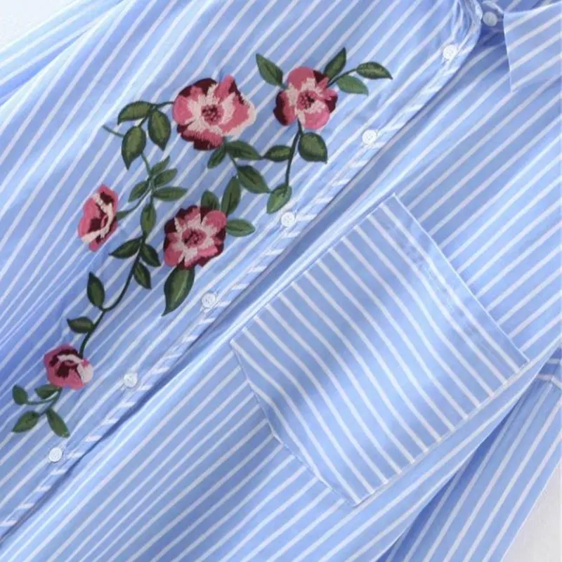Scqp fashion полосатый вышивка синий женская верхняя одежда и блузки женские с длинным